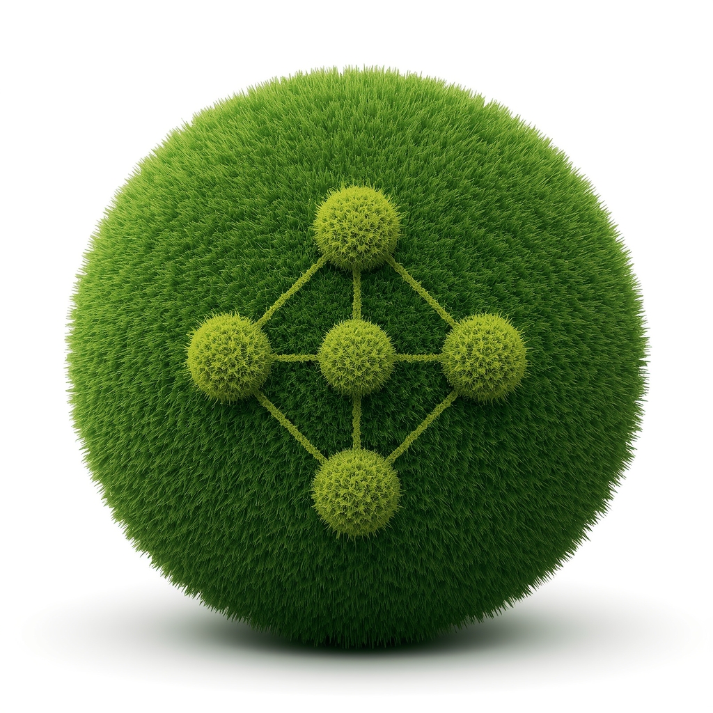 Green grass sphere with interconnected notes, representing simple operating workflows that support business growth.